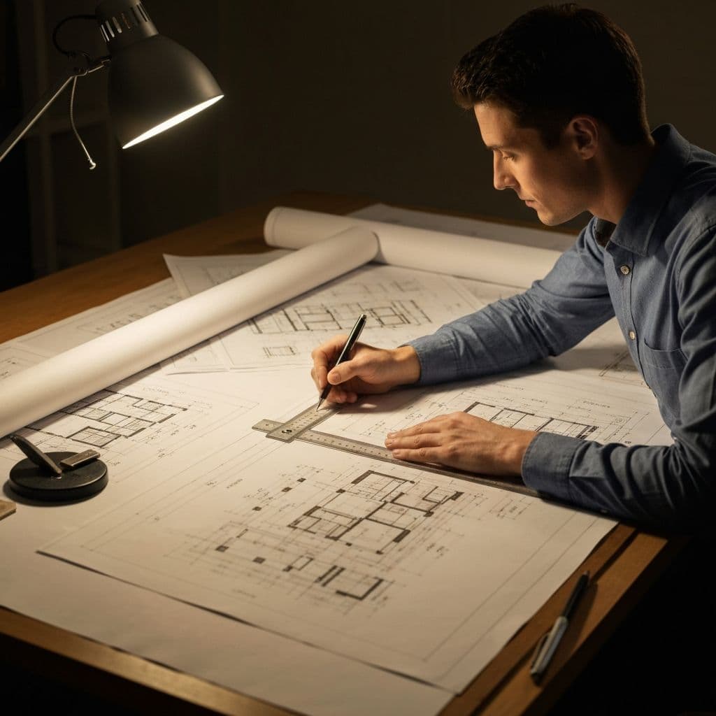 Architect working on detailed technical blueprints