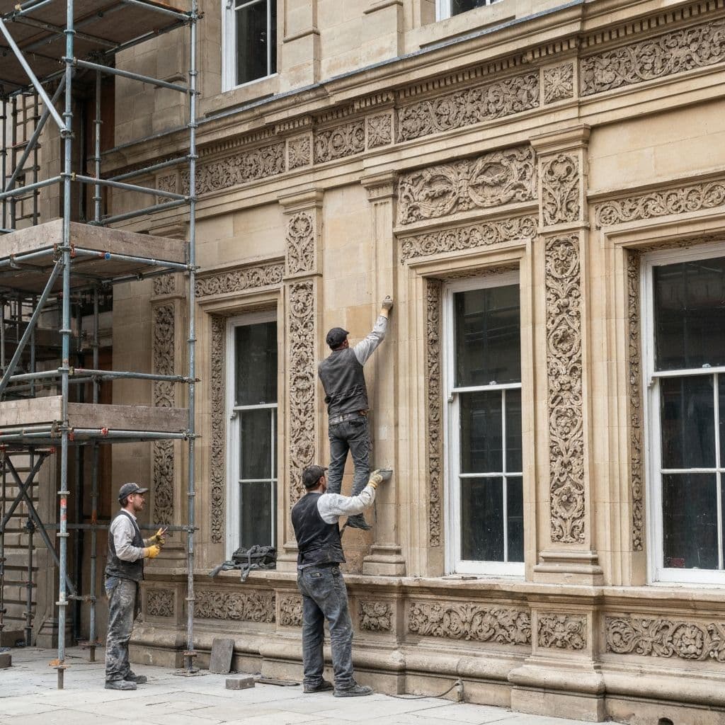 Craftsmen restoring ornate Victorian stone facade