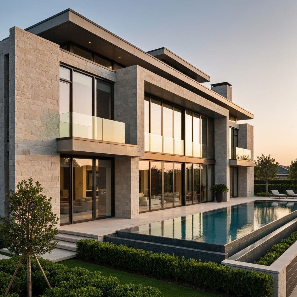 Bespoke luxury home exterior with stone and glass facade