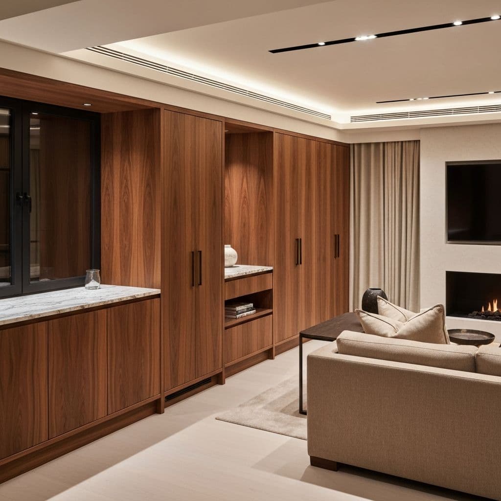 Luxury bespoke interior with marble and walnut finishes